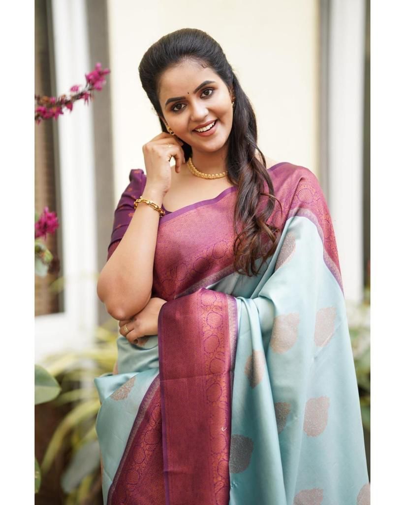 Phenomenal Sky Banarasi Silk Saree With Seraglio Blouse Piece