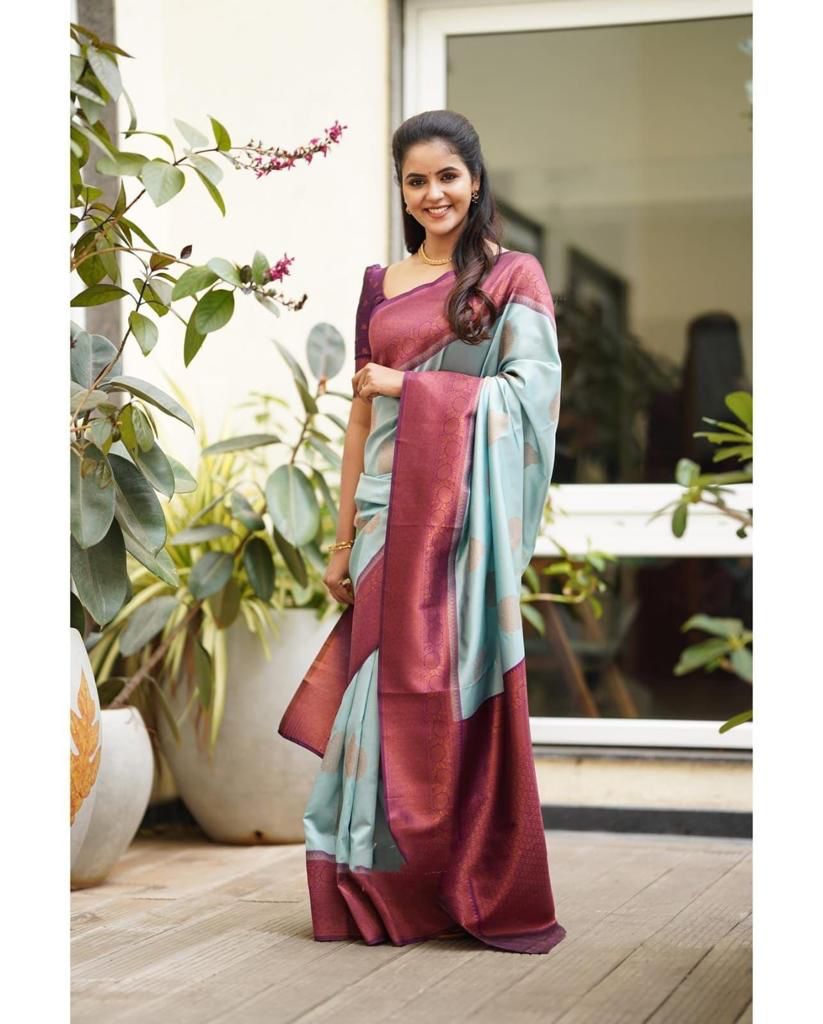 Phenomenal Sky Banarasi Silk Saree With Seraglio Blouse Piece