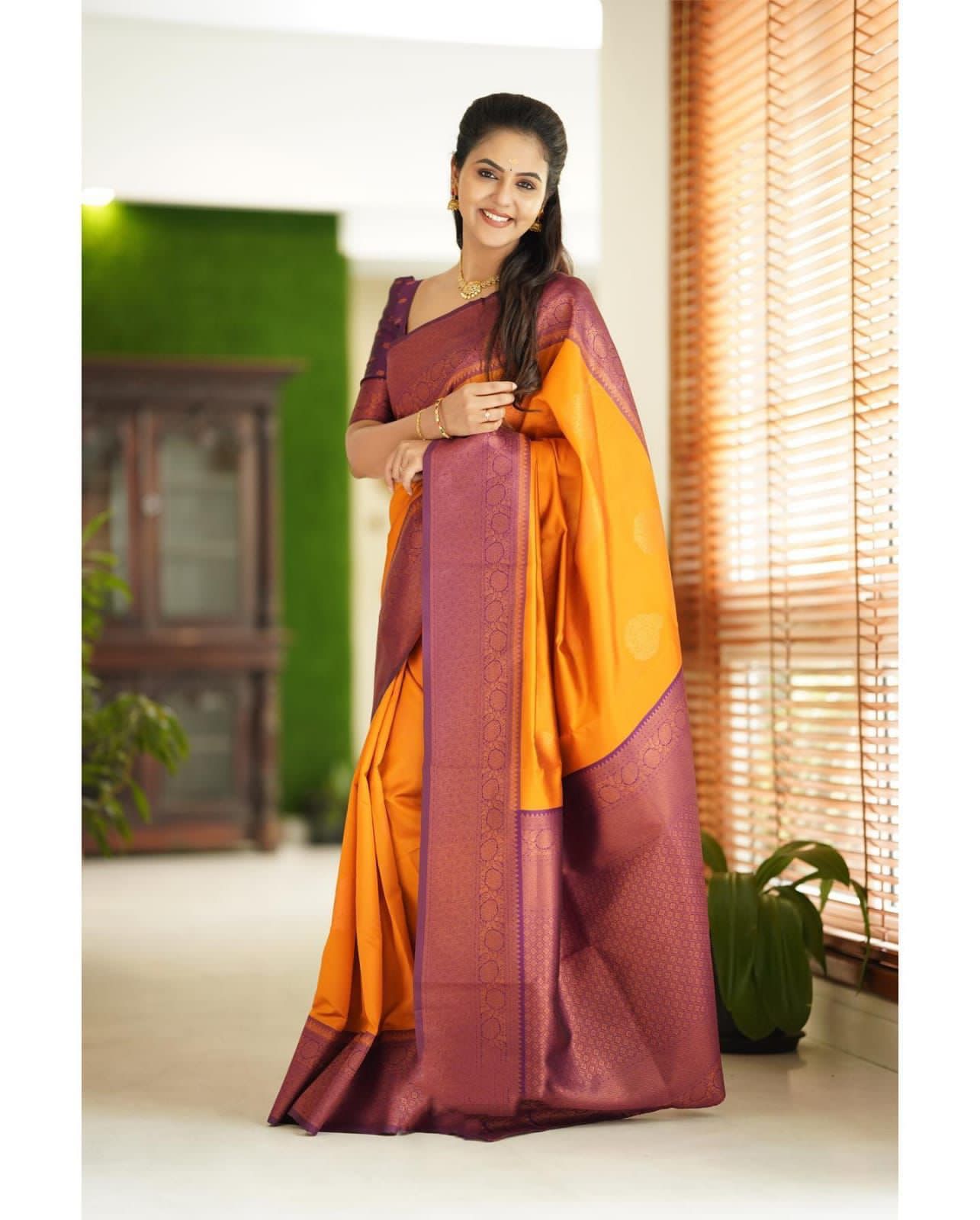 Mesmerising Yellow Banarasi Silk Saree With Wonderful Blouse Piece