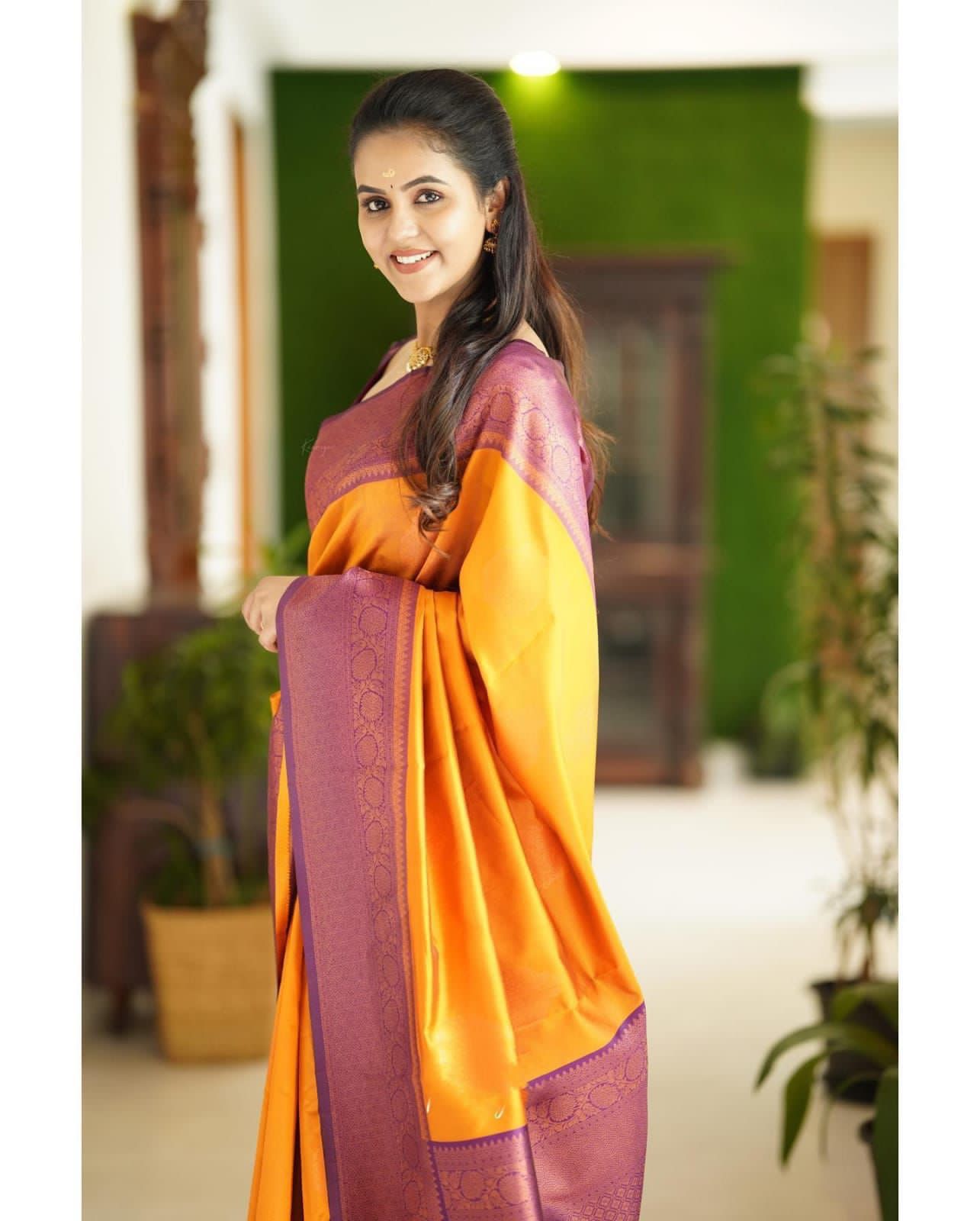 Mesmerising Yellow Banarasi Silk Saree With Wonderful Blouse Piece