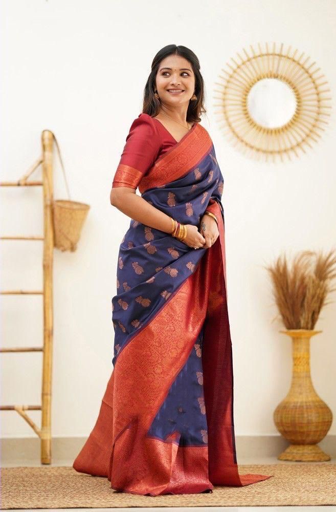 Flameboyant Navy Blue Banarasi Silk Saree With Artistic Blouse Piece
