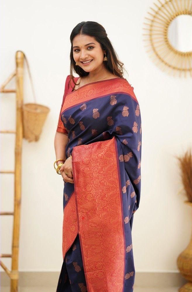 Flameboyant Navy Blue Banarasi Silk Saree With Artistic Blouse Piece