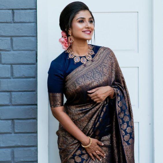 Improbable Navy Blue Banarasi Silk Saree With Stylish Blouse Piece