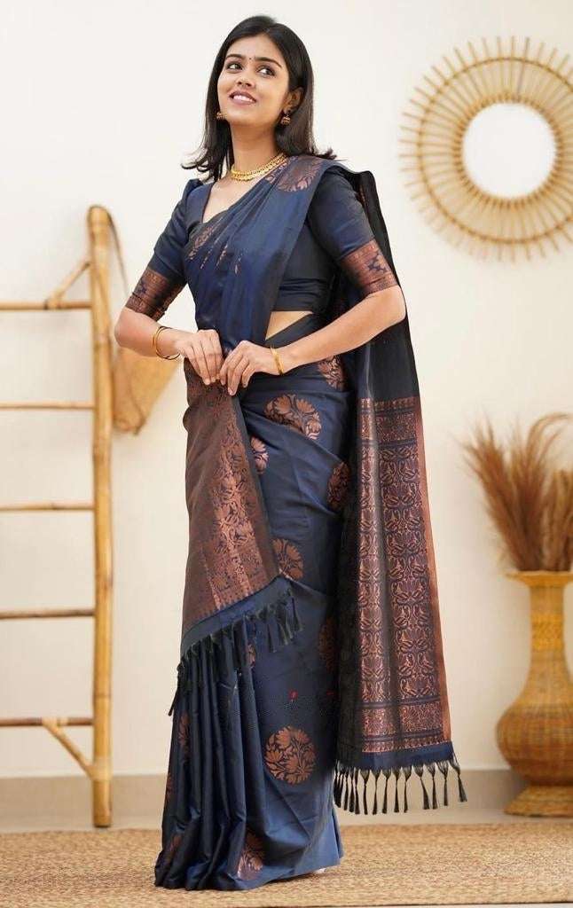 Demanding Navy Blue Soft Silk Saree With Wonderful Blouse Piece