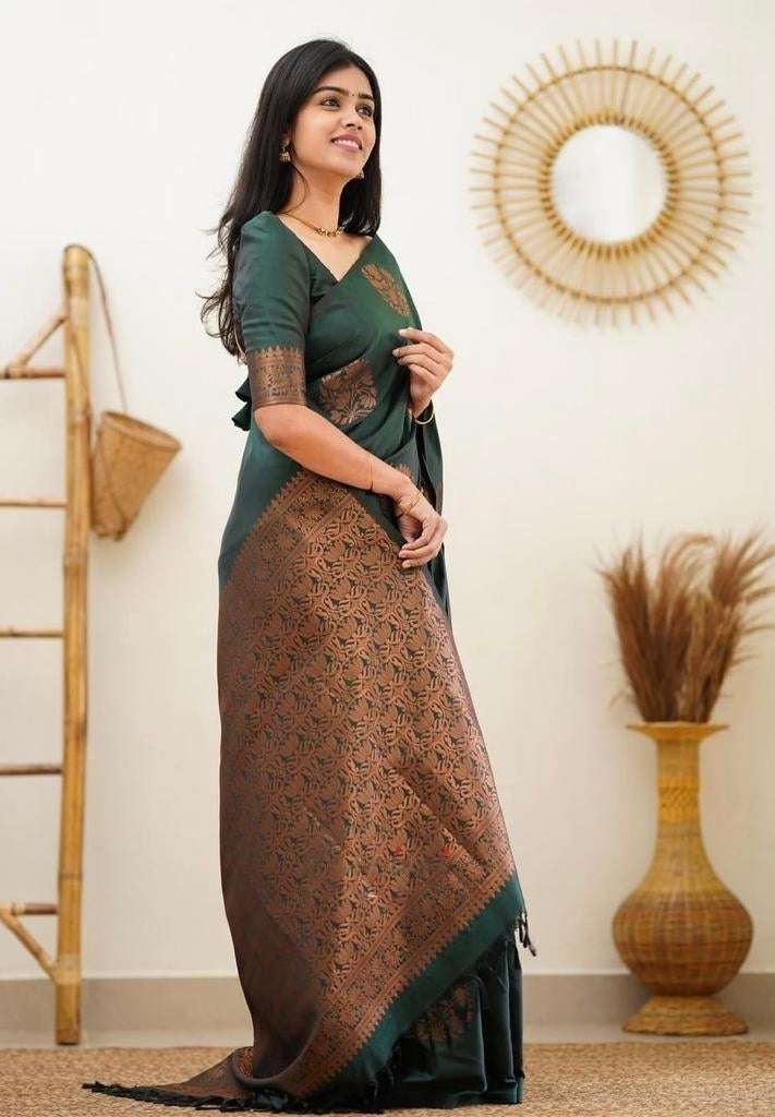 Elegant Dark Green Soft Silk Saree With Outstanding Blouse Piece