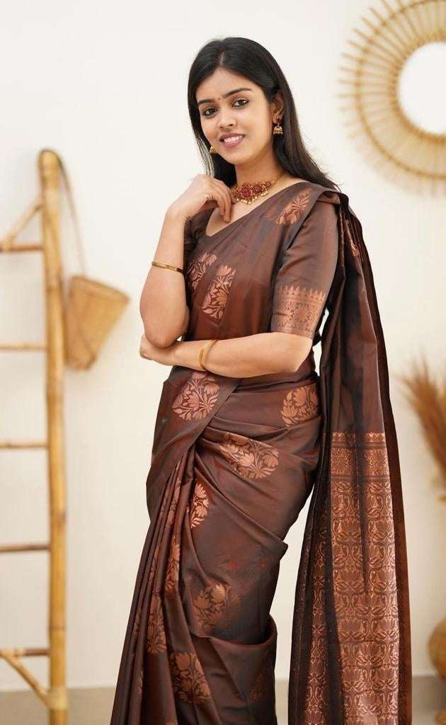 Fantabulous Brown Soft Silk Saree With Panoply Blouse Piece