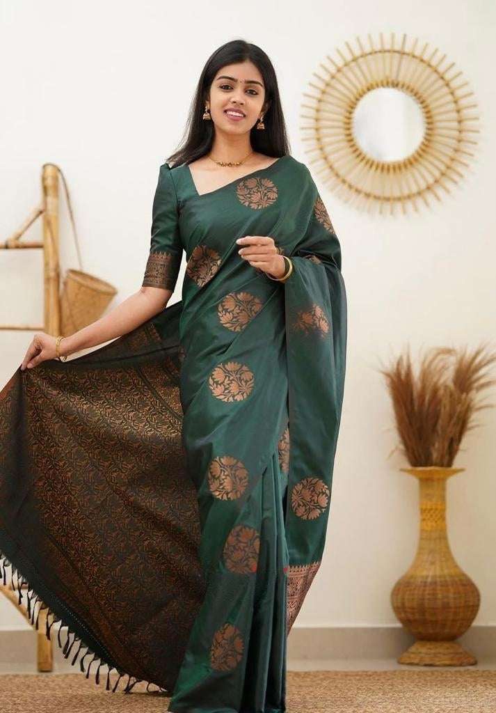 Elegant Dark Green Soft Silk Saree With Outstanding Blouse Piece