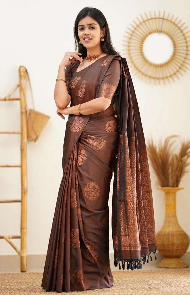 Fantabulous Brown Soft Silk Saree With Panoply Blouse Piece