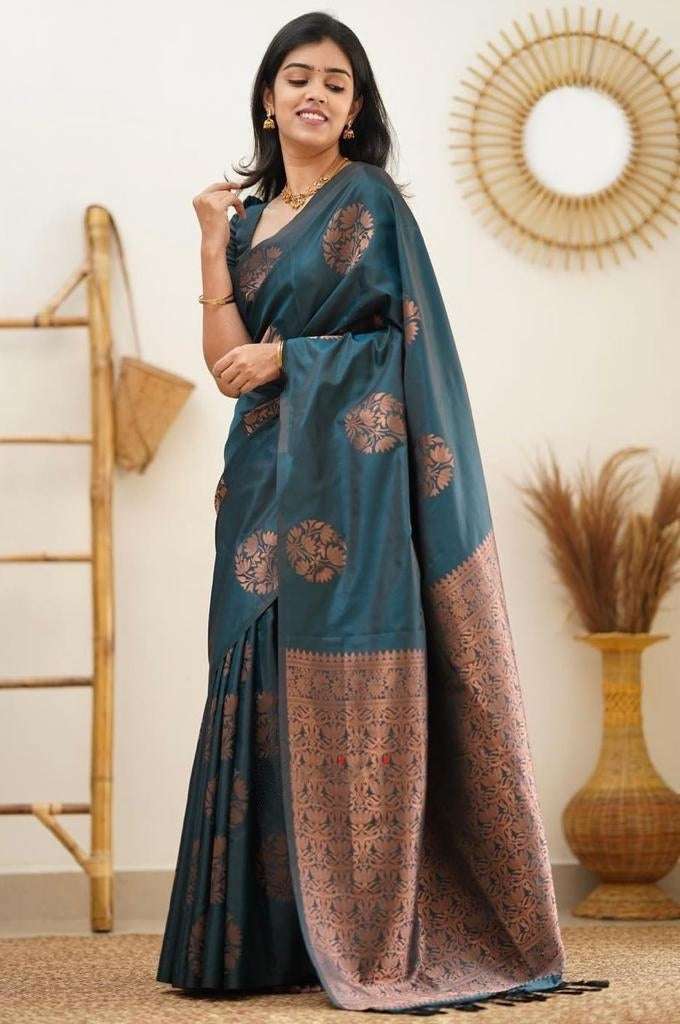 Intricate Rama Soft Silk Saree With Seraglio Blouse Piece
