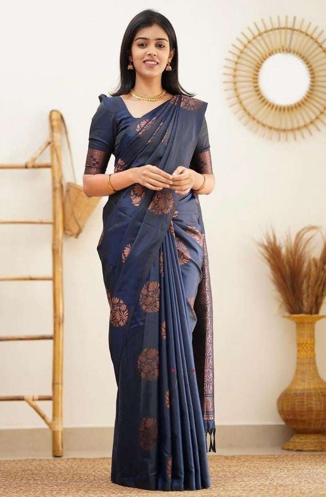 Demanding Navy Blue Soft Silk Saree With Wonderful Blouse Piece