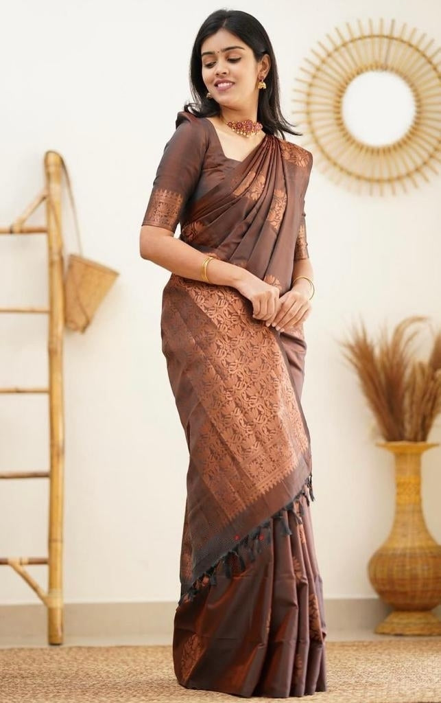 Fantabulous Brown Soft Silk Saree With Panoply Blouse Piece