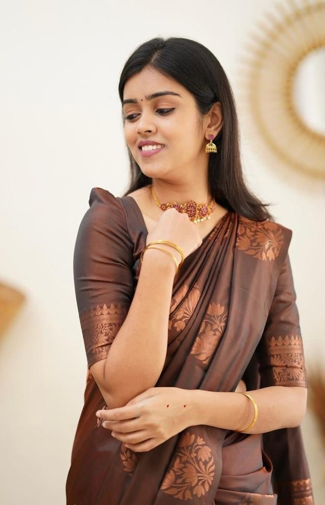 Fantabulous Brown Soft Silk Saree With Panoply Blouse Piece