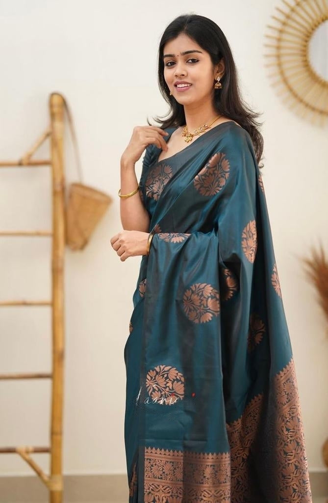 Intricate Rama Soft Silk Saree With Seraglio Blouse Piece
