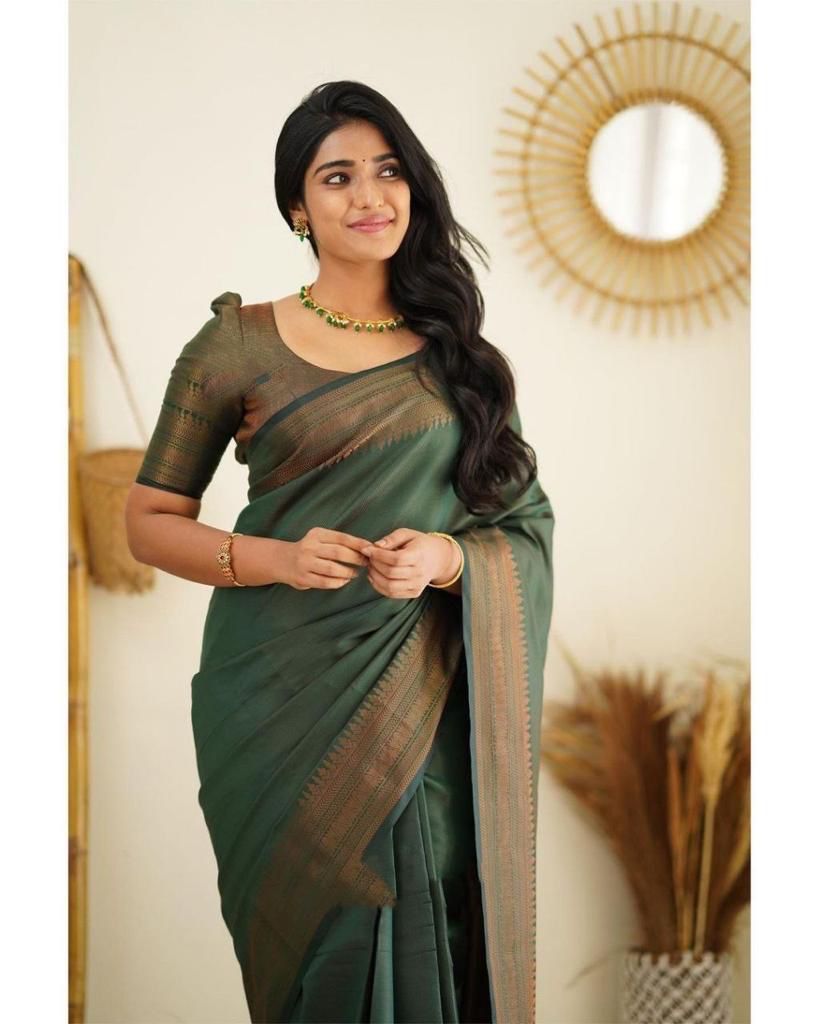 Saintly Green Soft Silk Saree With Smashing Blouse Piece