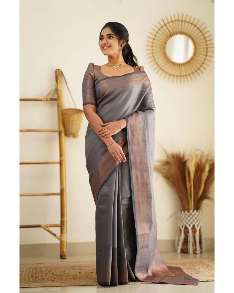 Angelic Grey Soft Silk Saree With Sensational Blouse Piece