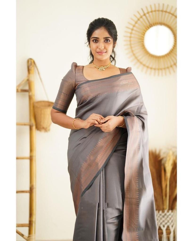 Angelic Grey Soft Silk Saree With Sensational Blouse Piece