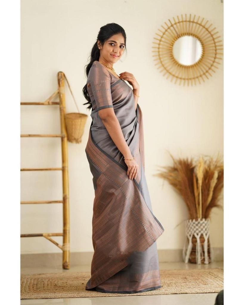 Angelic Grey Soft Silk Saree With Sensational Blouse Piece