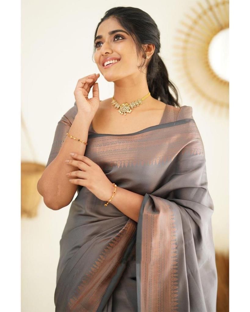 Angelic Grey Soft Silk Saree With Sensational Blouse Piece