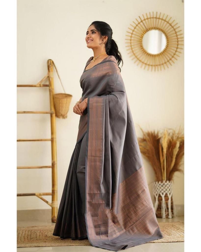 Angelic Grey Soft Silk Saree With Sensational Blouse Piece