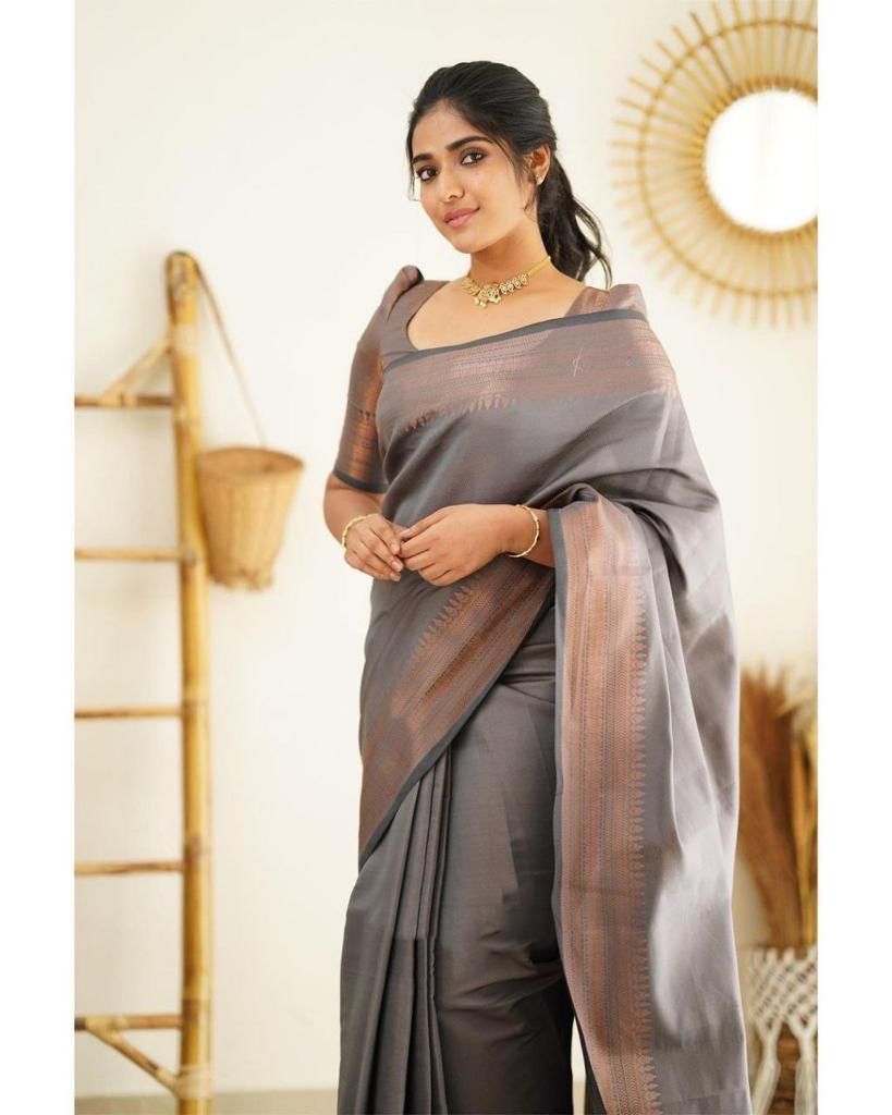Angelic Grey Soft Silk Saree With Sensational Blouse Piece