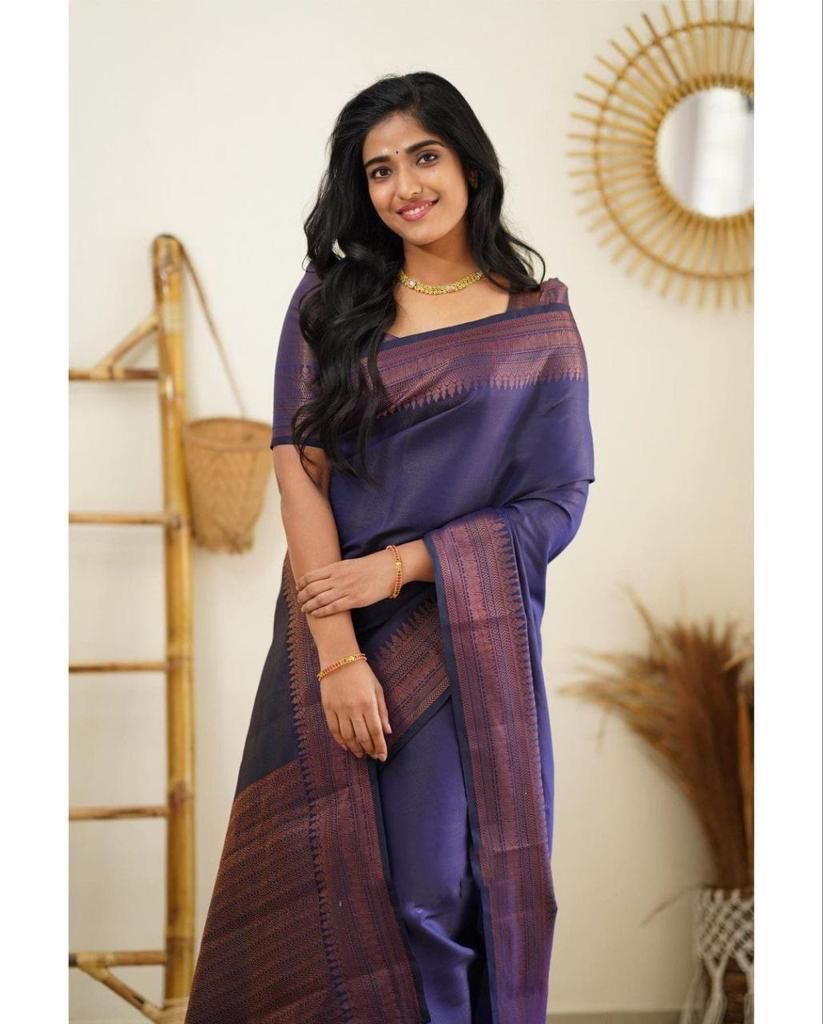 Celestial Navy Blue Soft Silk Saree With Attractive Blouse Piece