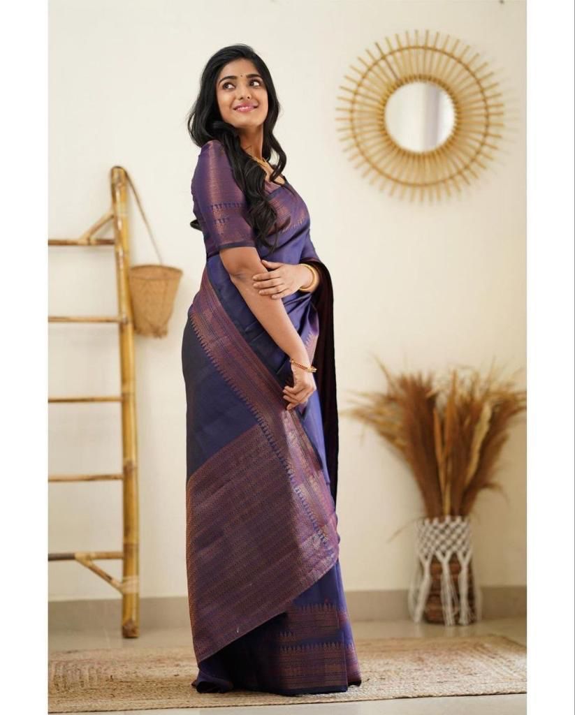 Celestial Navy Blue Soft Silk Saree With Attractive Blouse Piece