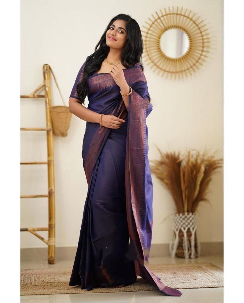Celestial Navy Blue Soft Silk Saree With Attractive Blouse Piece
