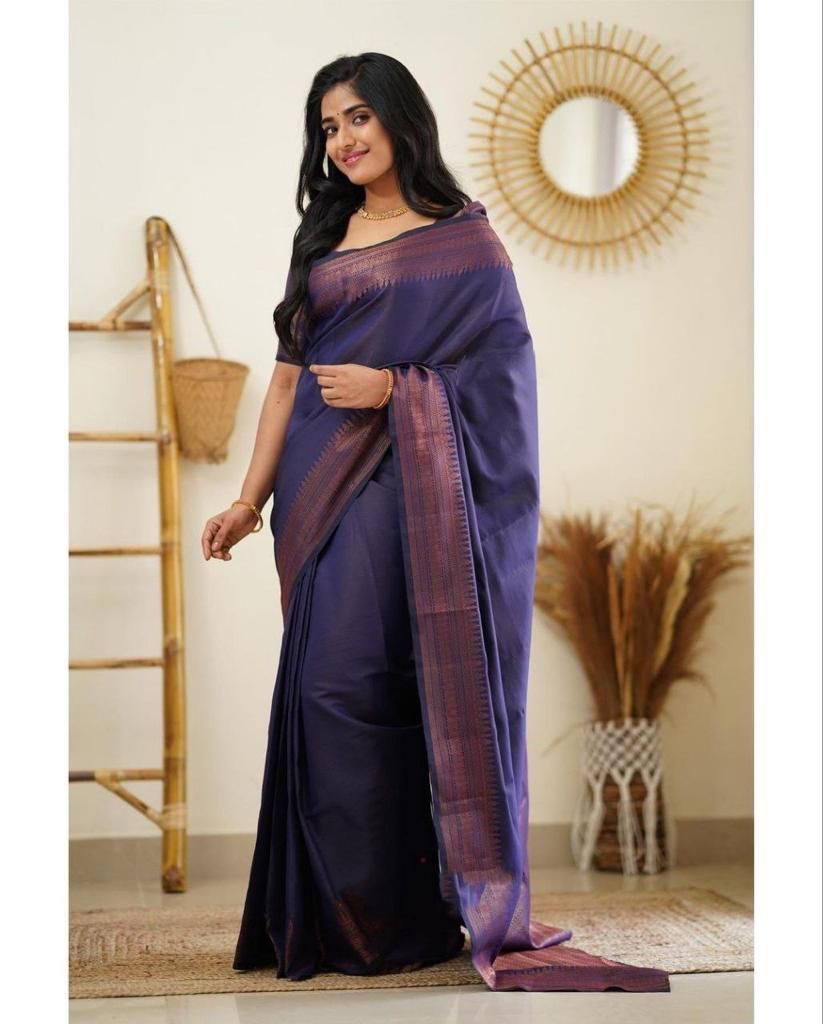 Celestial Navy Blue Soft Silk Saree With Attractive Blouse Piece