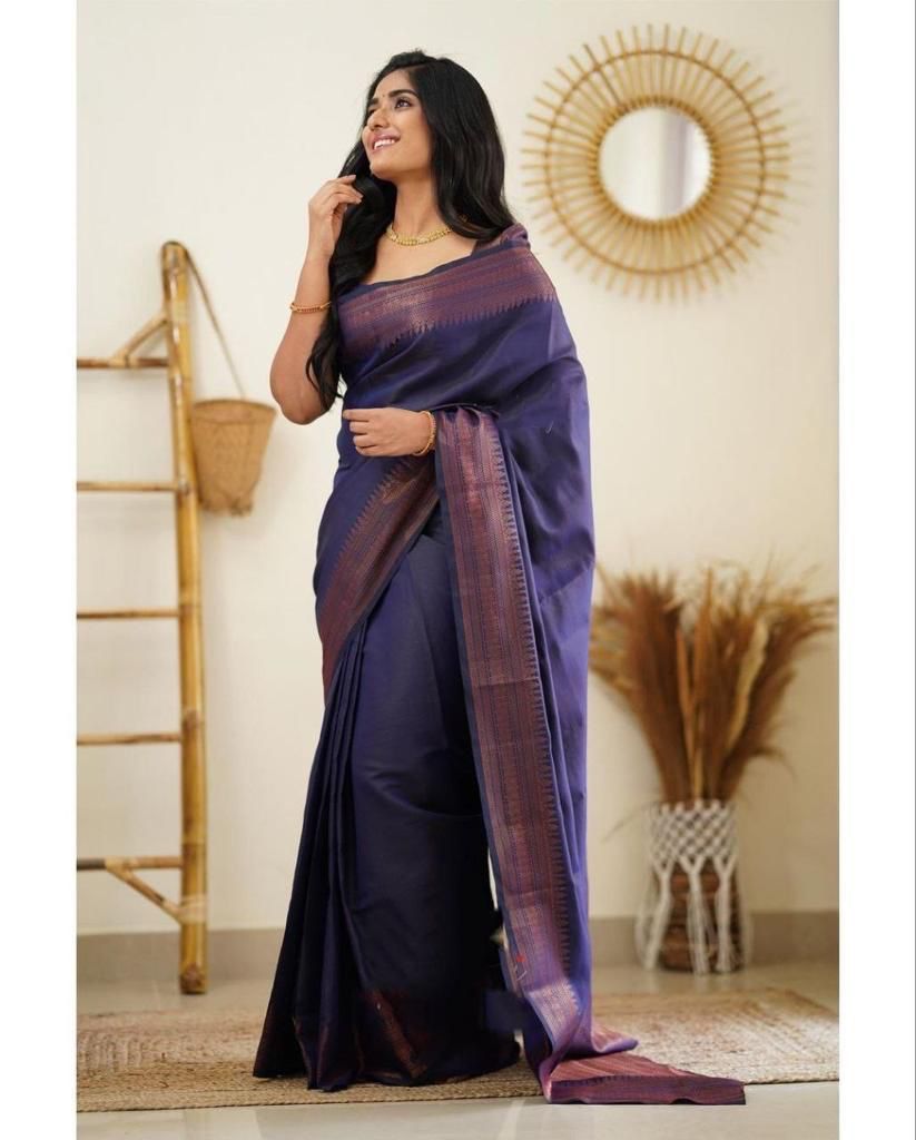 Celestial Navy Blue Soft Silk Saree With Attractive Blouse Piece