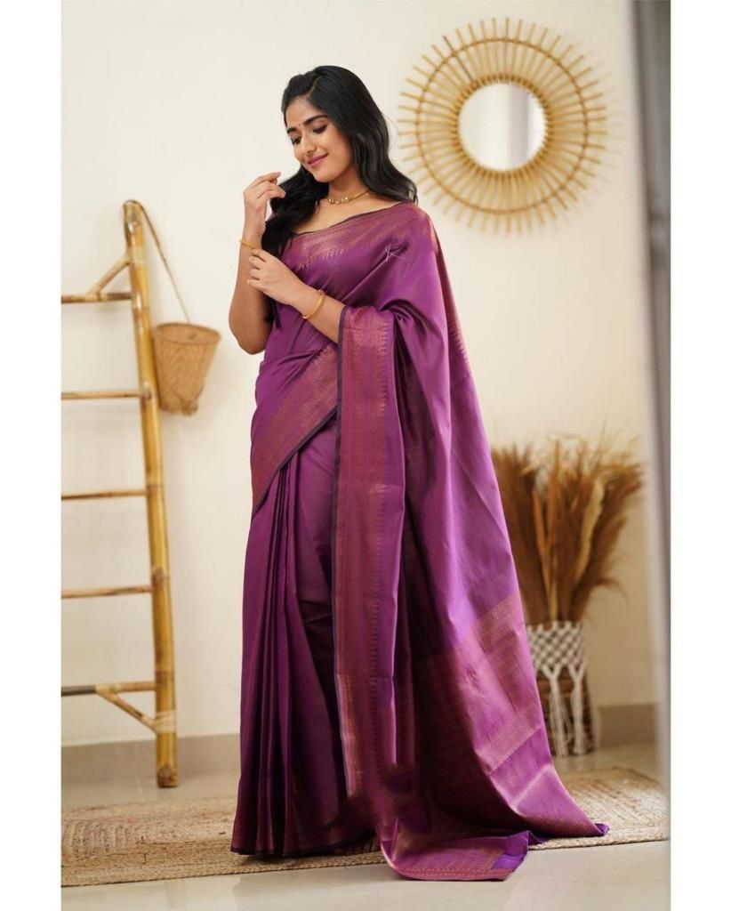 Seraphic Purple Soft Silk Saree With Divine Blouse Piece