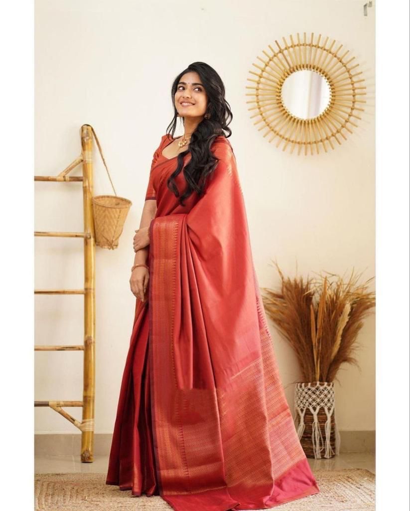 Pleasurable Red Soft Silk Saree With Gleaming Blouse Piece