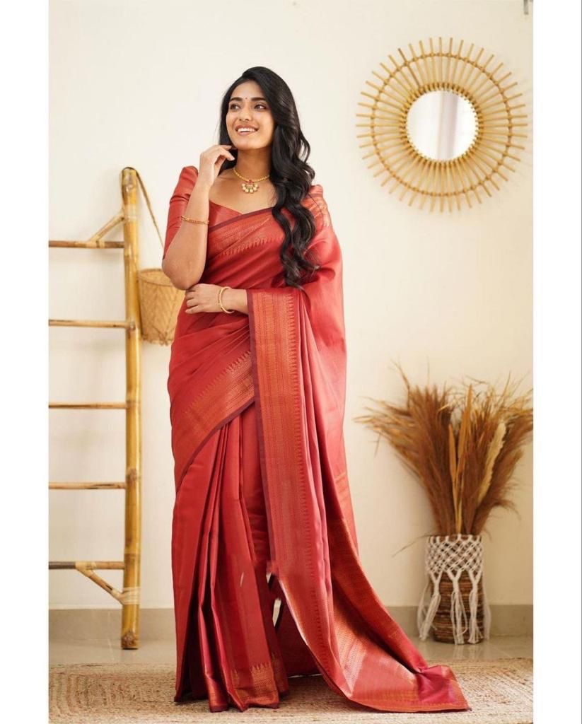 Pleasurable Red Soft Silk Saree With Gleaming Blouse Piece