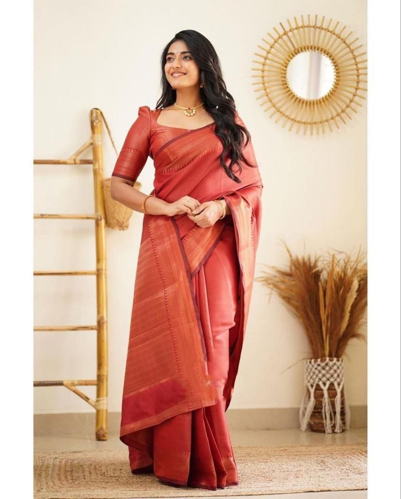 Pleasurable Red Soft Silk Saree With Gleaming Blouse Piece