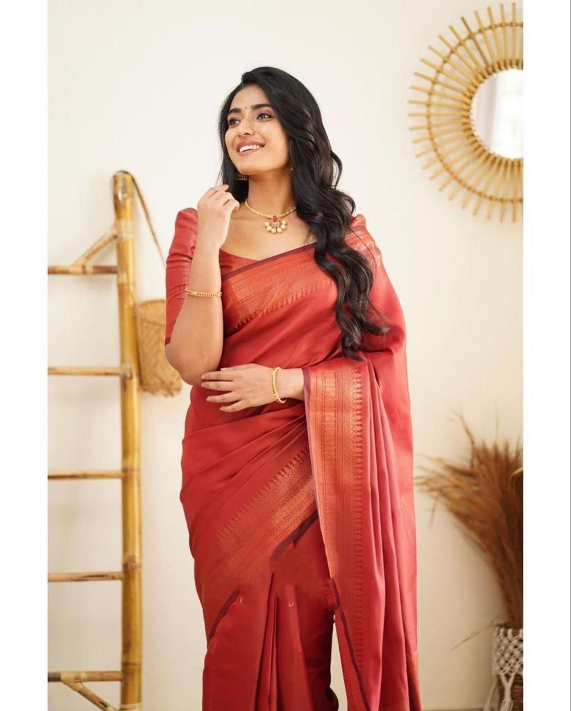 Pleasurable Red Soft Silk Saree With Gleaming Blouse Piece