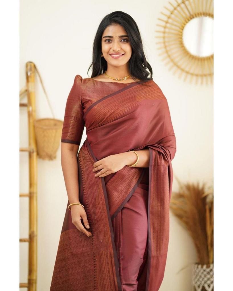 Flaunt Wine Soft Silk Saree With Pleasant Blouse Piece