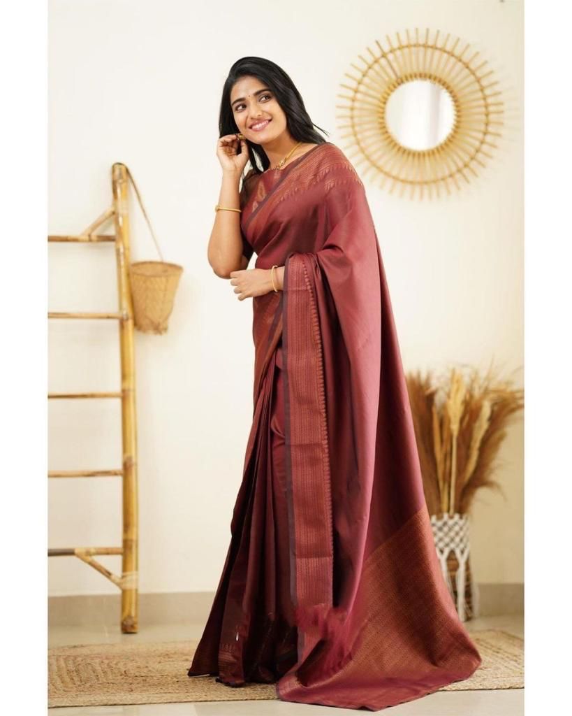 Flaunt Wine Soft Silk Saree With Pleasant Blouse Piece