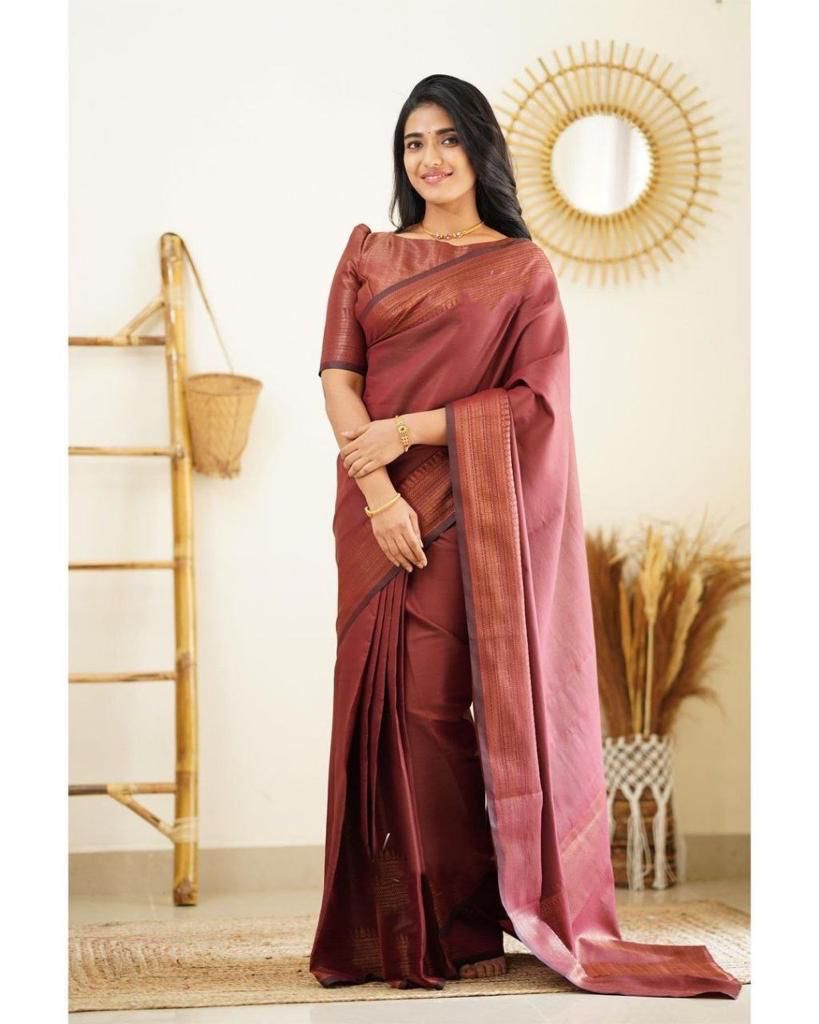 Flaunt Wine Soft Silk Saree With Pleasant Blouse Piece