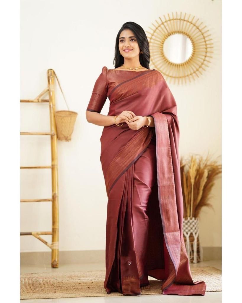 Flaunt Wine Soft Silk Saree With Pleasant Blouse Piece