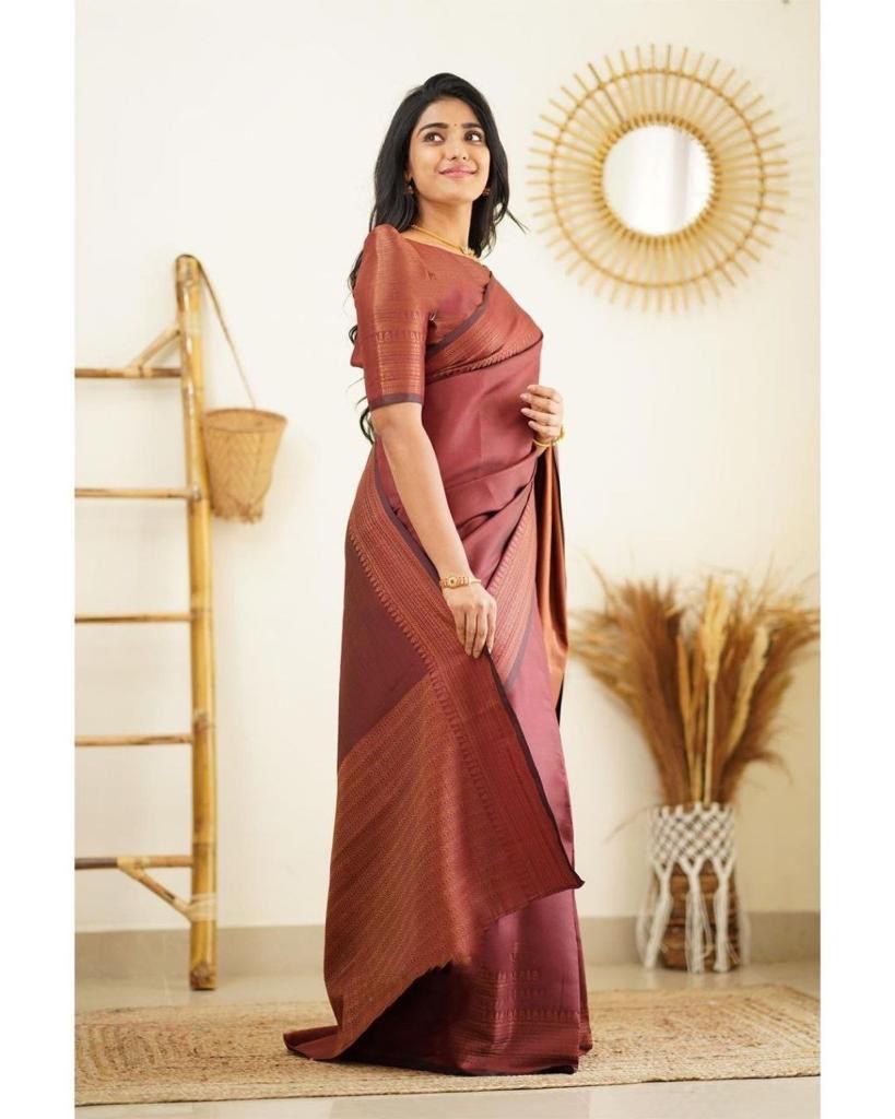 Flaunt Wine Soft Silk Saree With Pleasant Blouse Piece