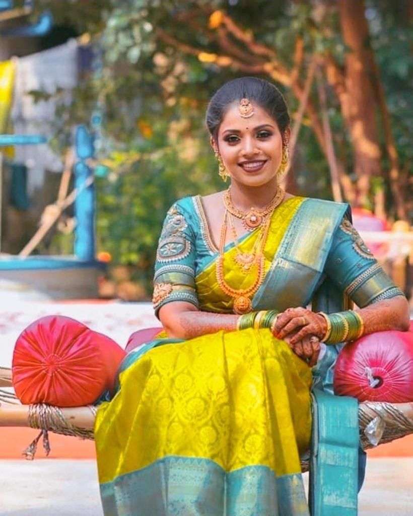 Stunning Yellow Banarasi Silk Saree With Impressive Blouse Piece