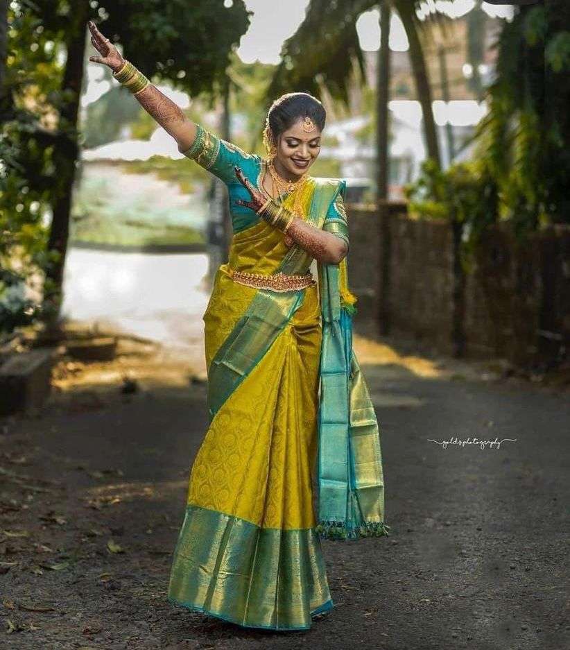 Stunning Yellow Banarasi Silk Saree With Impressive Blouse Piece
