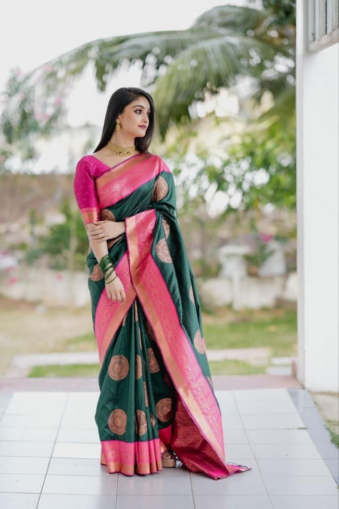 Elegant Green Banarasi Silk Saree With Charming Blouse Piece