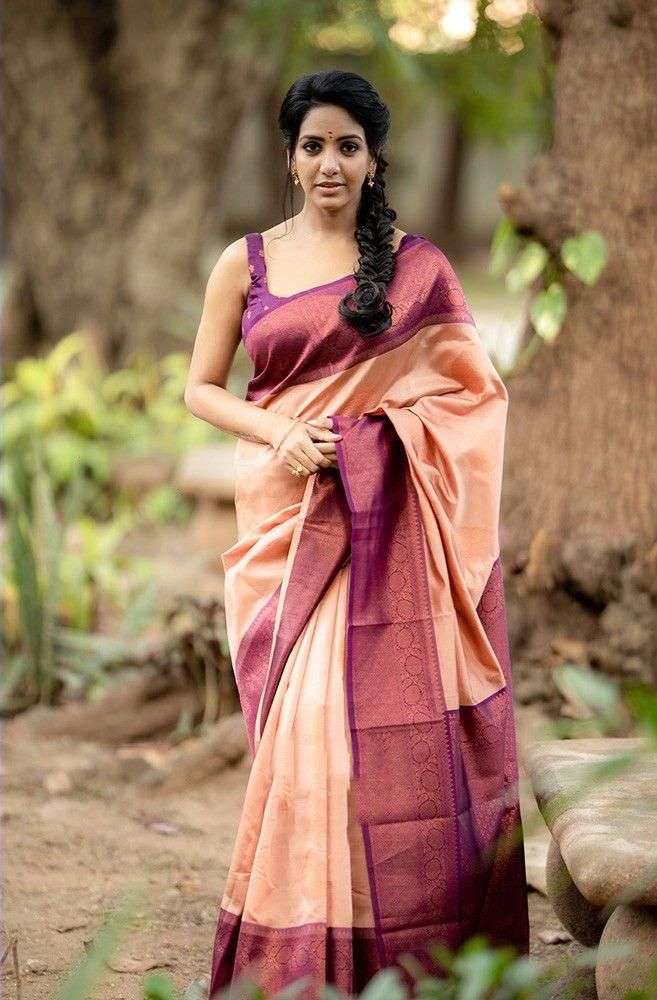 Glorious Peach Soft Silk Saree With Spectacular Blouse Piece