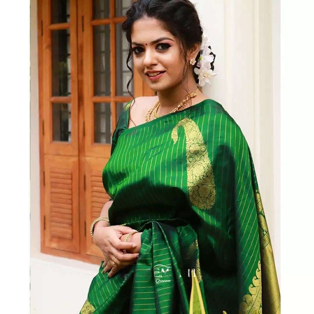 Adorable Green Soft Silk Saree With Fugacious Blouse Piece