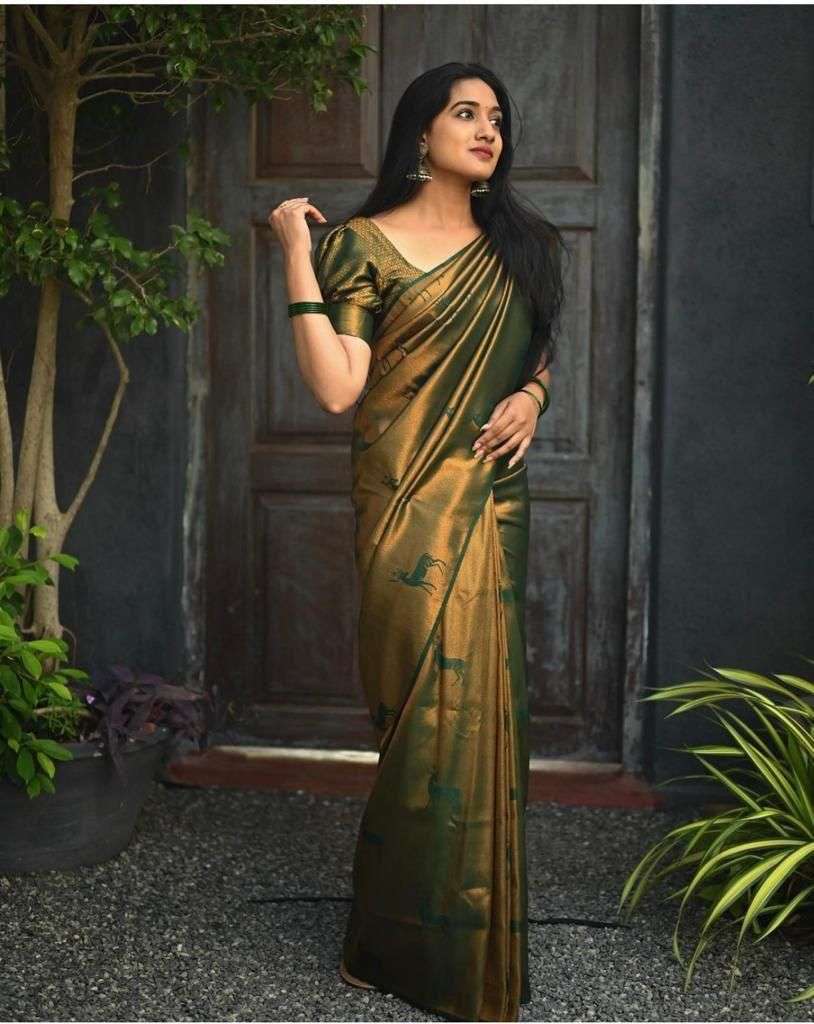 Ailurophile Dark Green Soft Silk Saree With Hypnotic Blouse Piece