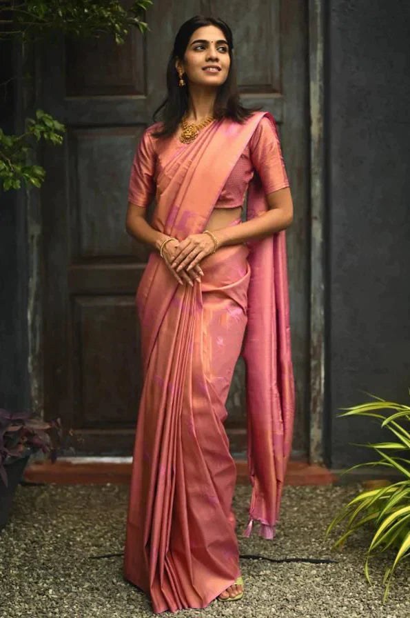 Efflorescence Pink Soft Silk Saree With Engaging Blouse Piece