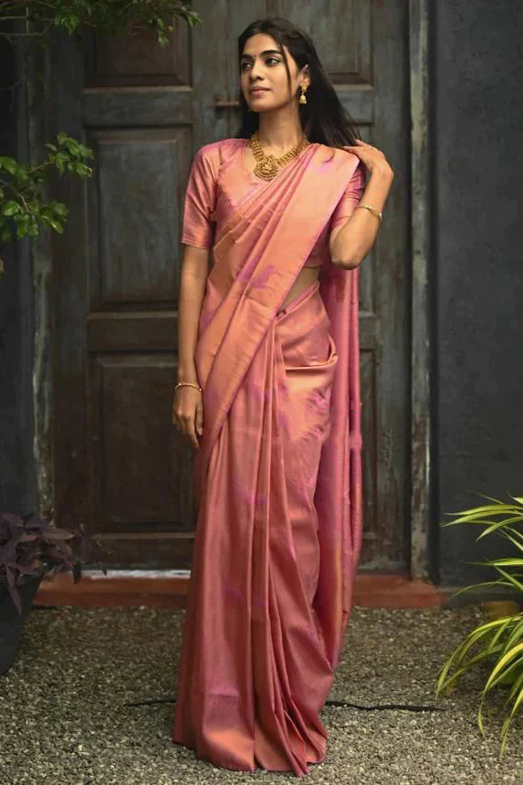 Efflorescence Pink Soft Silk Saree With Engaging Blouse Piece