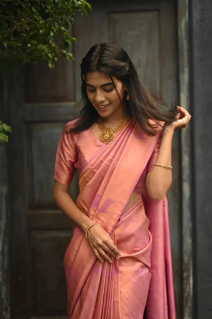 Efflorescence Pink Soft Silk Saree With Engaging Blouse Piece