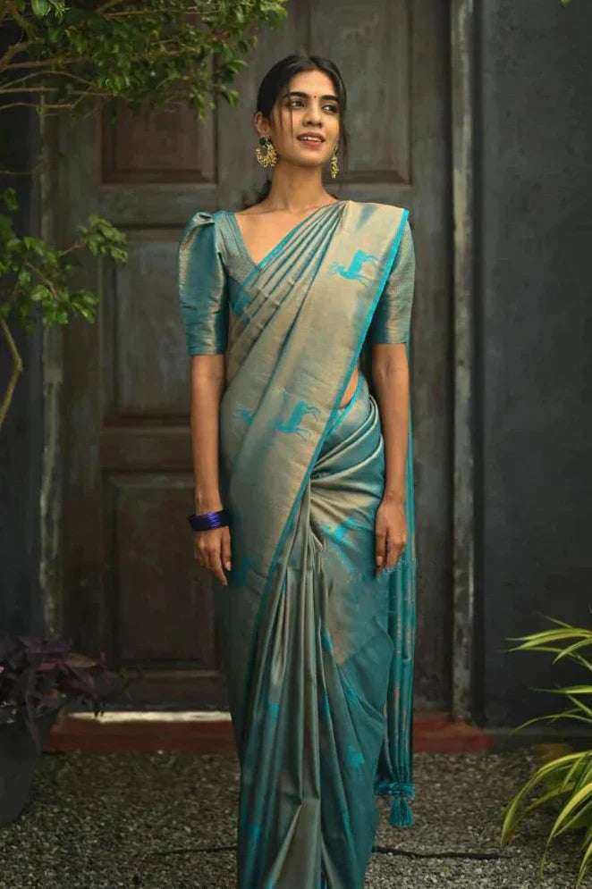 Serendipity Sky Soft Silk Saree With Arresting Blouse Piece