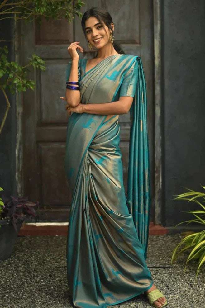 Serendipity Sky Soft Silk Saree With Arresting Blouse Piece